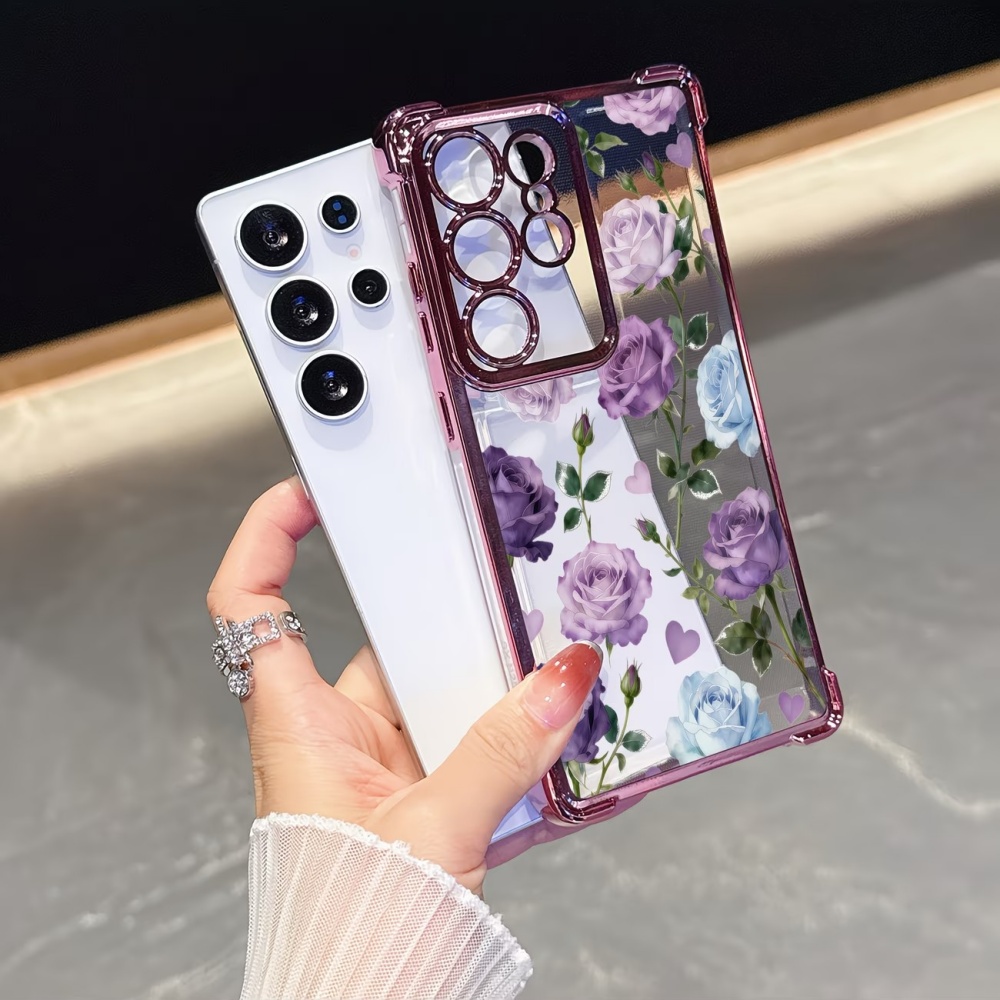 Phone Cases Purple - Electroplated Four-Corner Anti-Fall Purple Rose Clear
